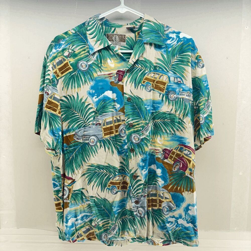 Kalaheo‎ Hawaiian Shirt Palms Trees & Woodies Rayon Size Medium Made in Hawaii